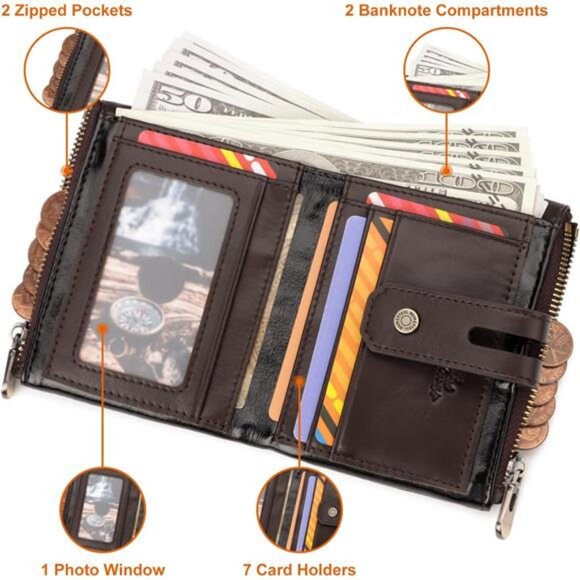 Mens Wallets with Chain Genuine Leather Coffee - Picture 3 of 5